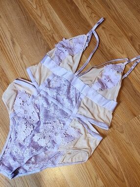 Jessica Simpson Lavender Lace & Nude Sheer Bodysuit